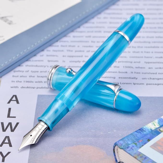 Asvine V800 Fountain Pen – Vacuum Filling System with Large Ink Capacity – Smooth Number 8 Medium Nib with Gift Case and Wrench- Sky Blue Acrylic