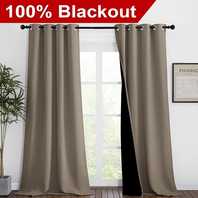 NICETOWN 100% Blackout Blinds, Set of 2, 46 inches x 102 inches, Laundry Room Decor Window Treatment Curtains for Large Patio Sliding Door, Thermal Insulated Taupe Curtains for Bedroom