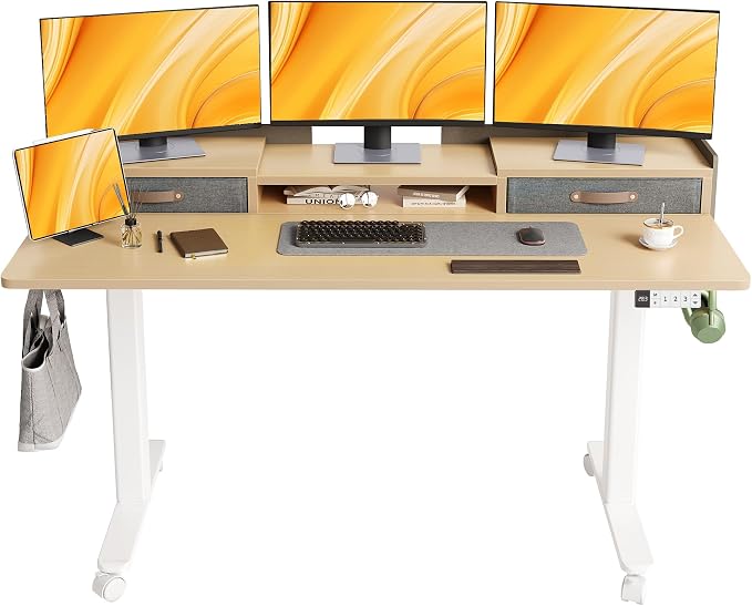Claiks Standing Desk with Drawers & Wheels, 2 Height Shelf 59" Ntural | 2 height adjust shelf, tabletop drawers, felt fence design, sturdy supports 176 lbs, 4 wheels, 2 tire monitor stand