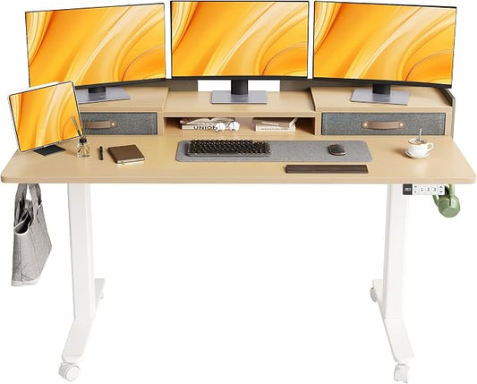 Claiks Standing Desk with Drawers & Wheels, 2 Height Shelf 59" Ntural | 2 height adjust shelf, tabletop drawers, felt fence design, sturdy supports 176 lbs, 4 wheels, 2 tire monitor stand