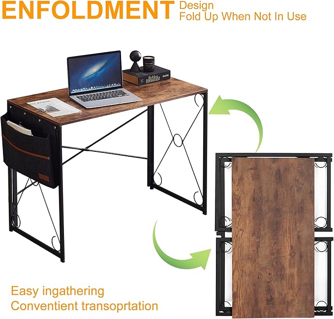 VECELO 39 Inch Folding Desk Simple Assembly, Writing Computer Desk for Home Office Study Office Foldable Table for Small Spaces,Classic Brown,2 Set