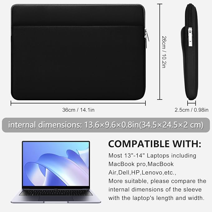 Laptop Sleeve Case Compatible with 13 to 14 inches MacBook Air/Pro HP Lenovo Asus Protective Portable Case with Front Pocket Padded Computer Pouch Cover Protective for 13” to 14” Laptop,Black