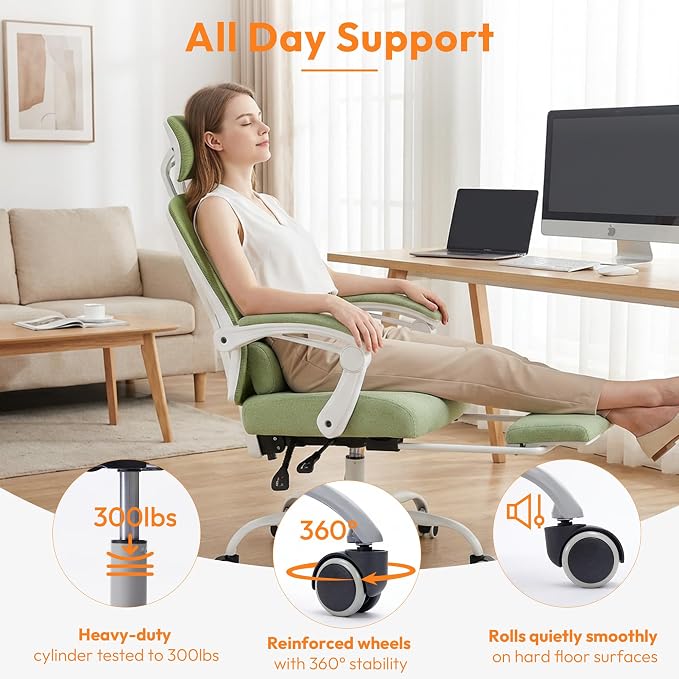 Home Office Desk Chair, Comfortable Mesh Chair with Foot Rest, Light Green | Reclining Gaming Chair with Headrest and Lumbar Support, 90°-130° Reclining, Silent Swivel