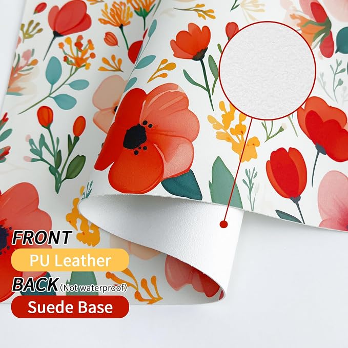 Bloss Red Floral Desk Mat for Desktop, Leather Desk Mat with Ink Painting Like, Red Flower Keyboard Mat, Women Girls Gift(31.5" X 15.7")