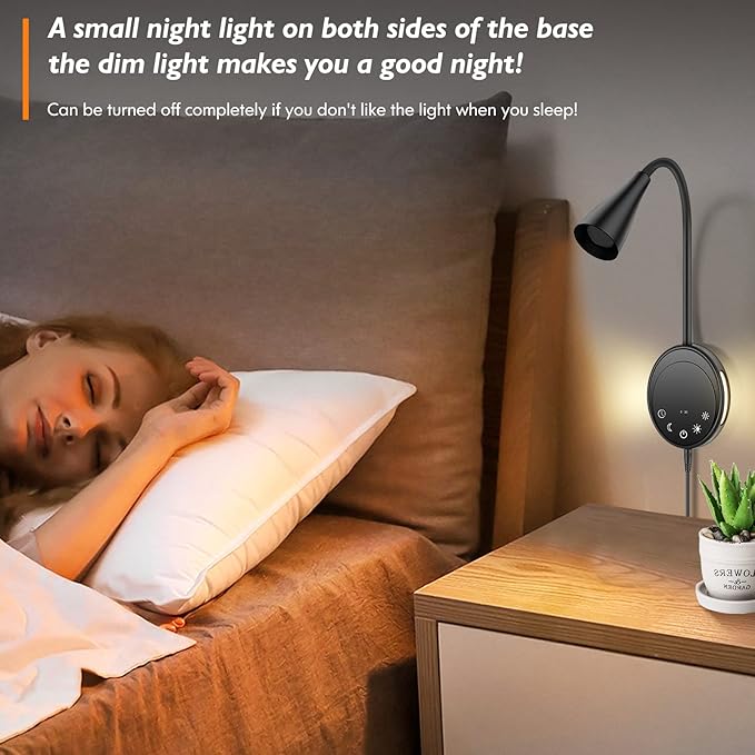 SANKEDOU LED Wall Mount Reading Light, Bedside Reading Lights with Touch Control, 5 Dimmable, USB Output, Night Light & Timers, Flexible Gooseneck Headboard Bed Lights Wall Sconce