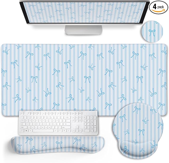 LIMKRIAN Blue Striped Mouse Pad Set Large Desk Mat for Desktop, Ergonomic Mousepad with Wrist Rest for Gaming, Keyboard Mat Wrist Support Cup Coaster Set, Cute Home Office Desk Accessories for Women