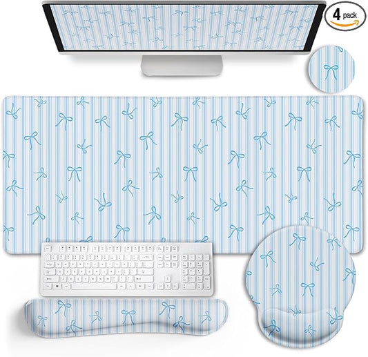 LIMKRIAN Blue Striped Mouse Pad Set Large Desk Mat for Desktop, Ergonomic Mousepad with Wrist Rest for Gaming, Keyboard Mat Wrist Support Cup Coaster Set, Cute Home Office Desk Accessories for Women