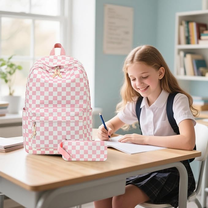 Bluboon Teen Girls School Backpack Kids Bookbag Set with Lunch Box Pencil Case Travel Laptop Backpack Casual Daypacks (Pink white checkered)