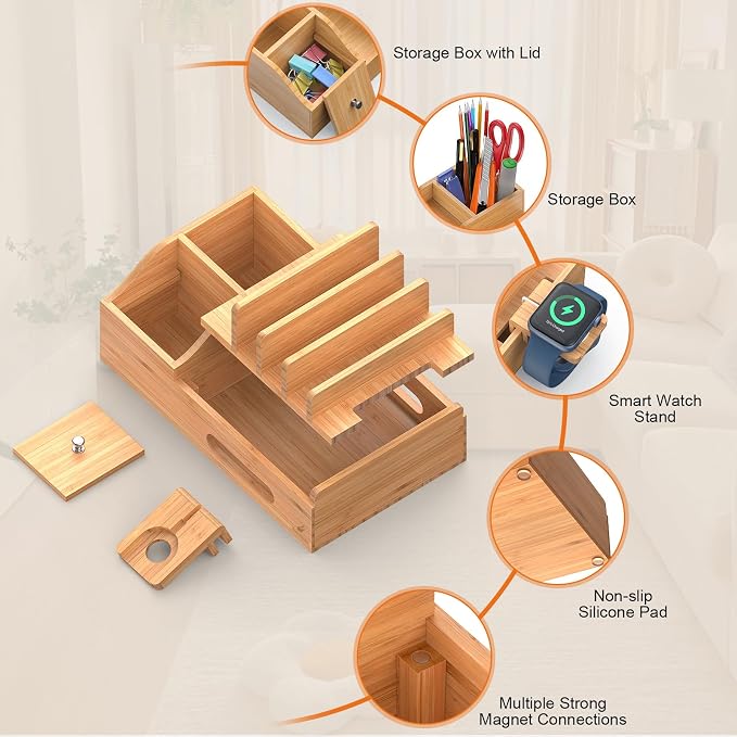 Bamboo Charging Station for Multiple Devices with USB Charger, 5 Cables | Pezin & Hulin Wood Desktop Dock Stations with Smart Watch Holder, Electronic Organizer for Cell Phone, Tablet, Watch