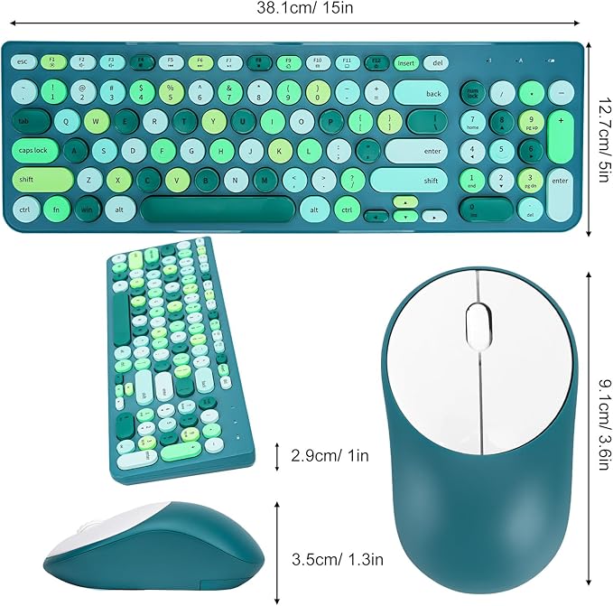 Wireless Keyboard and Mouse Combo, Retro Typewriter Keyboard with Round Keycaps, 2.4GHz USB Cute Wireless Keyboard Mouse for Computer, Desktop (Green)