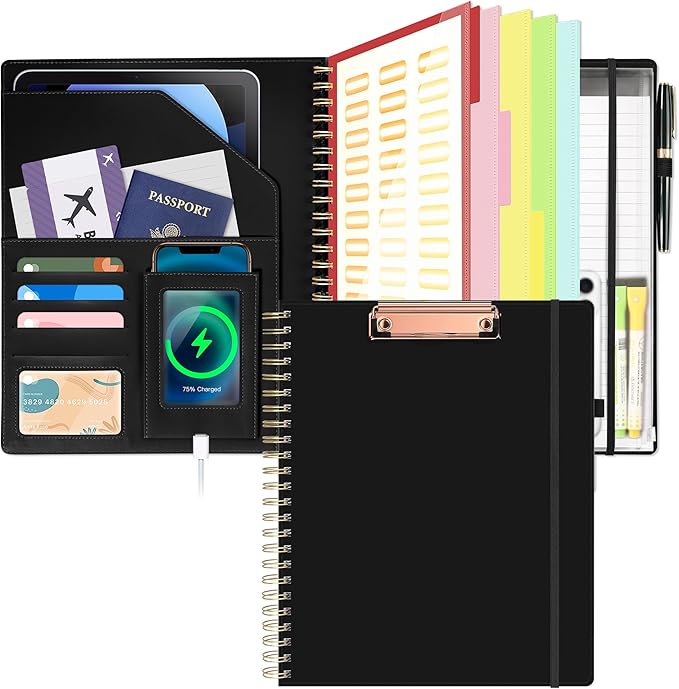 Ospelelf Clipboard with Storage Spiral Clipboard Folio for Letter Size,Organizer Folder with Zipper Pouch and 5 Dividers,Leather Portfolio for Office, School Black