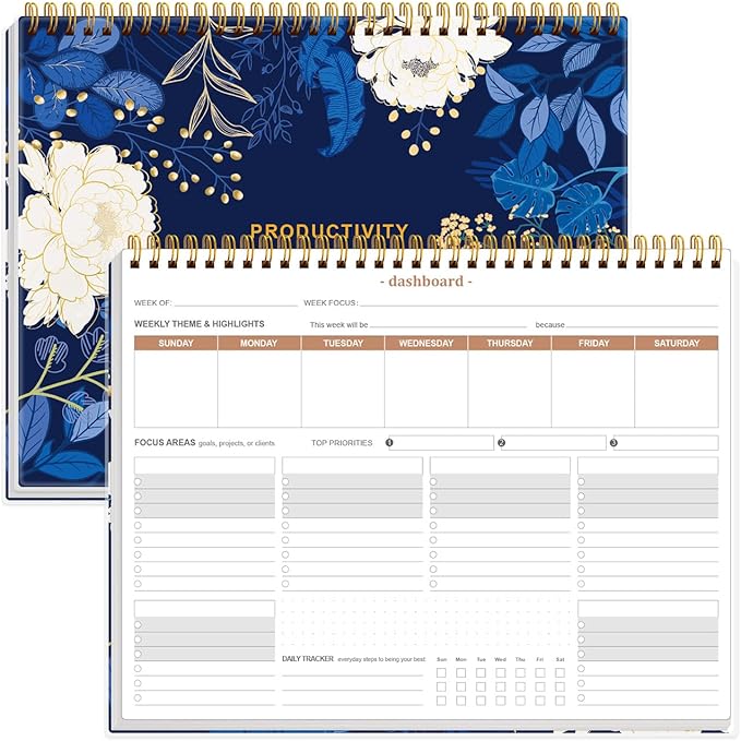 Weekly Productivity Planner - 8.5" x 11" Dashboard Desk Notepad Has 6 Focus Areas to List Tasks for Goals, Projects, Clients, Academic or Meal-Organize Your Daily Work Efficiently, 54 Weeks, Blue Leaf