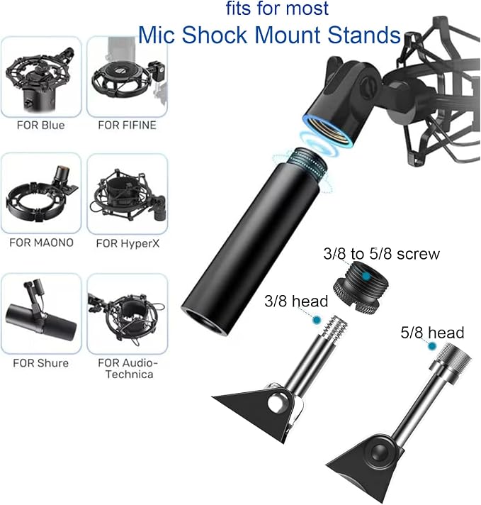 13 Pack Microphone Stand Adapter Screws with Extension Tube,Black Aluminum Alloy,3/8 to 5/8 and 1/4 Threaded Screw Mount for Mic Boom Arm,Camera Tripod,Projector Stand Arm,Fill Light