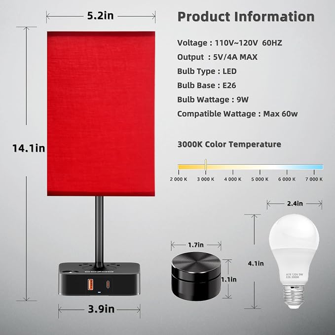 cozoo Bedside Table Lamp for Bedroom, 3 Way Dimmable & Remote Control Stepless Dimming Touch Nightstand Lamp, 2 USB Ports and 2 AC Outlets, Small Desk Light for Living Room, Bed, Study, Red
