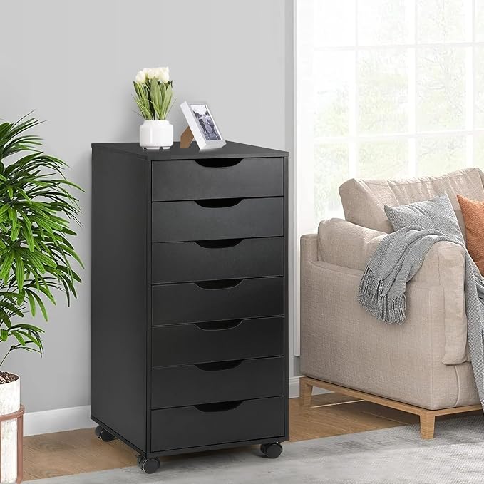 TUSY 7 Drawer File Cabinet with Wheels, Mobile Wood Storage Cabinet for Home Office, Rolling Drawer Organizer for Office Supplies, Printer Stand, Black