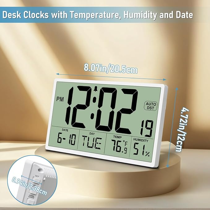 9‘’ Narrow Bezels Battery Operated Digital Wall Clock with Temperature and Humidity - Auto DST, Large 2⅝'' Digits, 5-Level Volume Alarm (3 AA Included) - Wall Mount/Desktop for Office Bedroom Kitchen