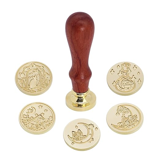 SWANGSA Wax Seal Stamp Set, Vintage 6 Pieces Moon Series Sealing Stamp Heads and 1 Wooden Handle Wax Seal Kit