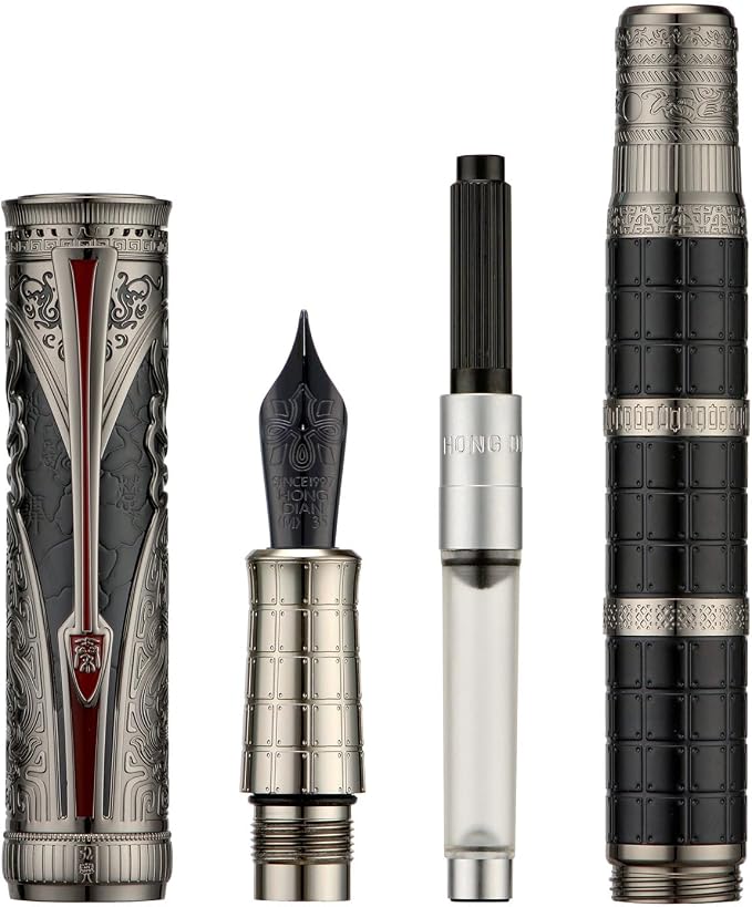 Hongdian D5X Fountain Pen Black Color Medium Nib, Qin Dynasty Retro Chinese Totem Engraving Smooth Writing Pen with Converter and Pen Box Set