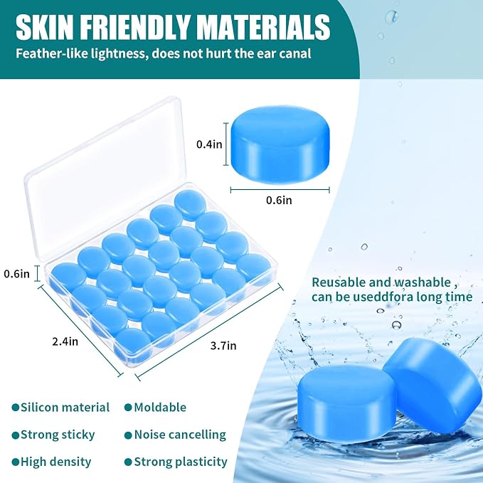 Ultra-Soft Noise Cancelling Sleeping Ear Plugs - Moldable Silicone, Wear Comfortable Noise Repairing Ear Plugs, Reusable for Adults, Kids, Sleep and Swimming, 72 Pieces (Color 1, Round)