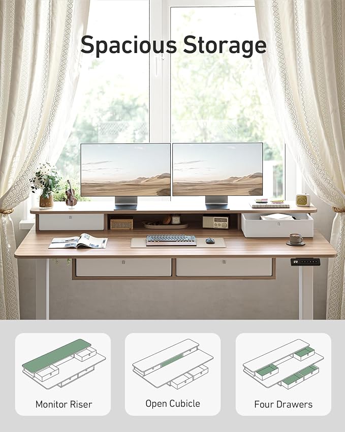 CubiCubi 55" x 30" Standing Desk with Drawers, Height Adjustable Electric Workstation, Computer Sit Stand Up Table with Large Storage Shelf 4 Drawers and 2 Hooks, Light Rustic Brown