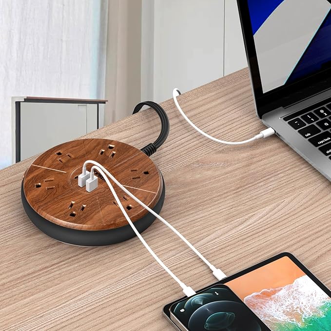 Power Strip with USB, PD 20W USB-C Charging, 6.5 FT Extension Cord with 6 Outlets, 1 USB-C, 2 USB-A, TOPREK Power Strip Surge Protector, Wood Finish Desk Charging Station for Home, Office, Dorm