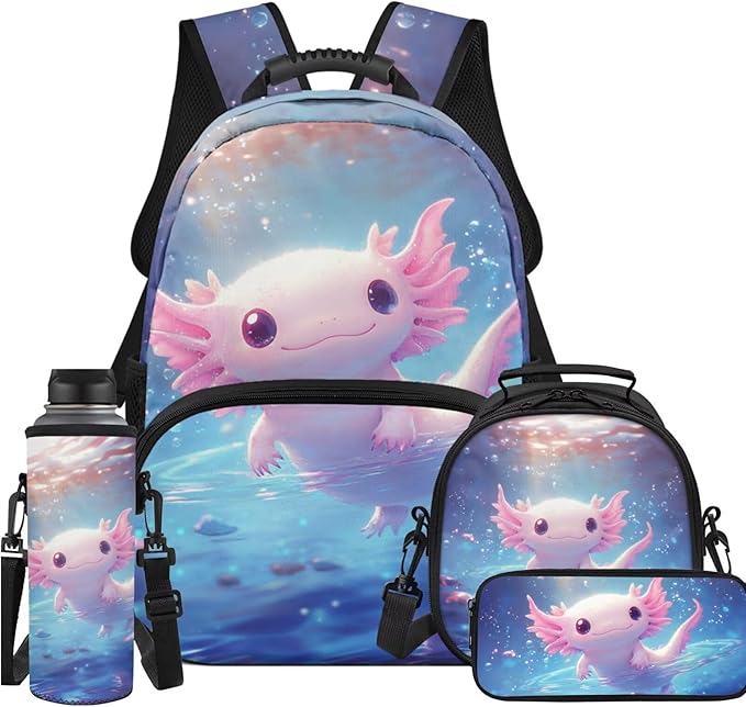 Ystardream Water Axolotl Backpack for Girls 8-12 Kids School Backpack with Lunch Bag,Pencil Bag,Water Bottle Sleeve,Large Laptop Bookbag with Multiple Pockets for Boys and Girls Daily Use