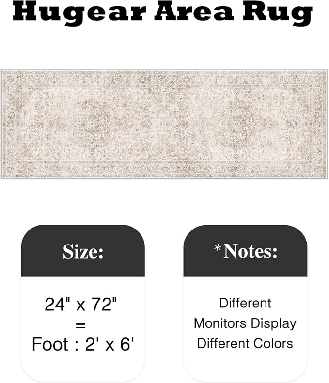 HUGEAR 2x6 Runner Rug Hallway Vintage Beige Machine Washable Neutral Floral Low Pile Carpet Vacuumable Thin Long Throw Rug Bedroom Office Bathroom Kitchen Laundry Non Slip Soft Lightweight