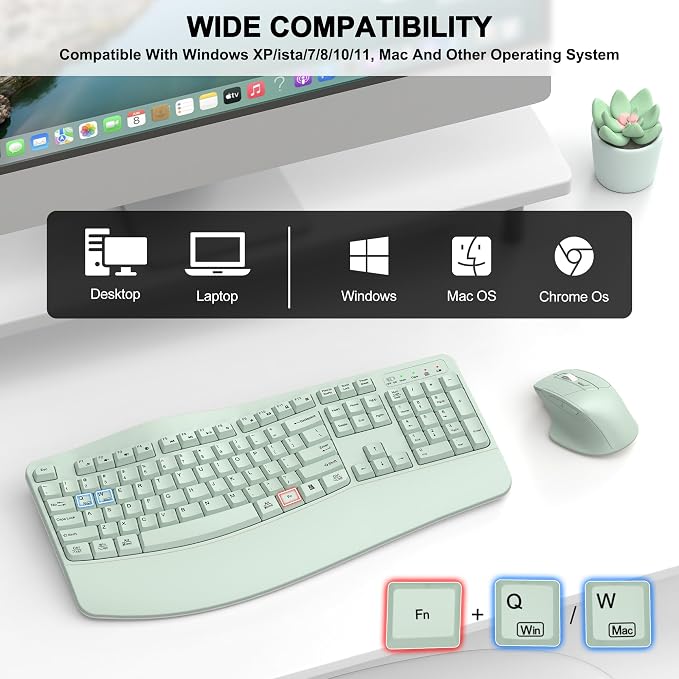Wireless Keyboard and Mouse Combo, 2.4G Full Size Wave Keys Ergonomic Keyboard with Wrist Rest and 3-Level DPI Adjustable Wireless Ergonomic Mouse for Windows, Mac OS Desktop/Laptop/PC(Avocado Green)