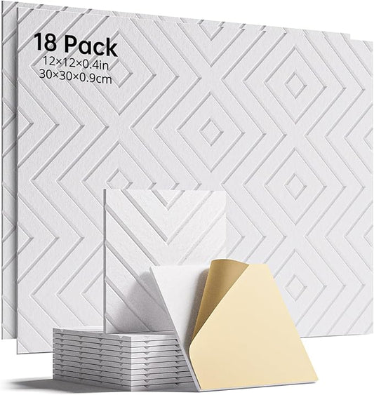 Sound Proof Foam Panels for Walls, 18 Pack Self-Adhesive Acoustic Panels, 12" X 12" X 0.4" Soundproof Wall Panels for Door, Ceiling, Home Office White