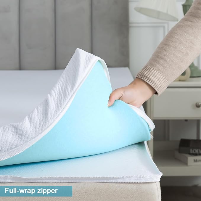 SHOUREN Mattress Topper Cover Queen, 2-3 Inch Zippered Protector | Breathable 3D Air Fabric, 3-Sided Zipper Design, Secure Fit Straps, Machine Washable Replacement Cover for Mattress Toppers