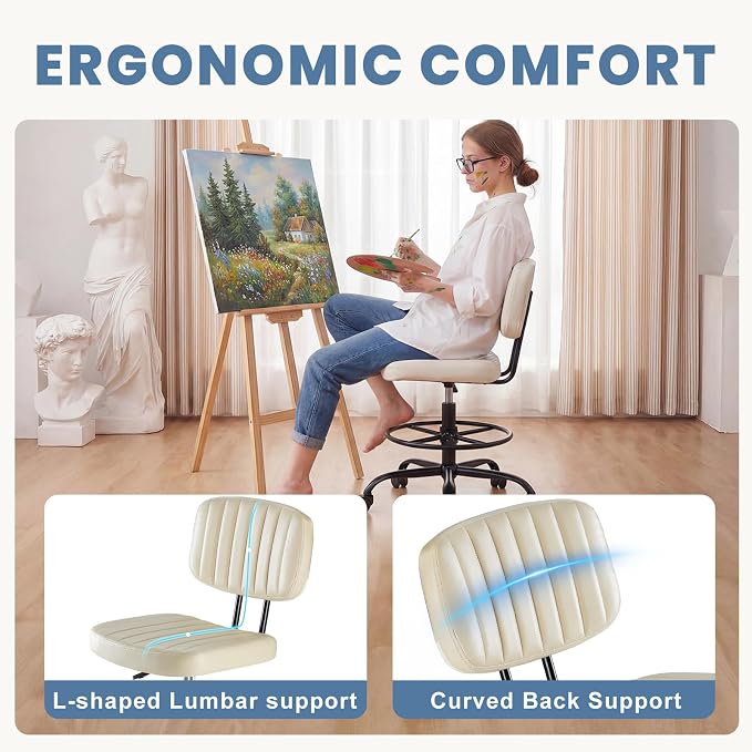 DUMOS Armless Drafting Chair, Low Back Office Seat with Adjustable Footrest Ring for Standing Desk, Ergonomic PU Leather Office Seating, Swivel Rolling High Stool for Studio, Lab, Counter, Beige