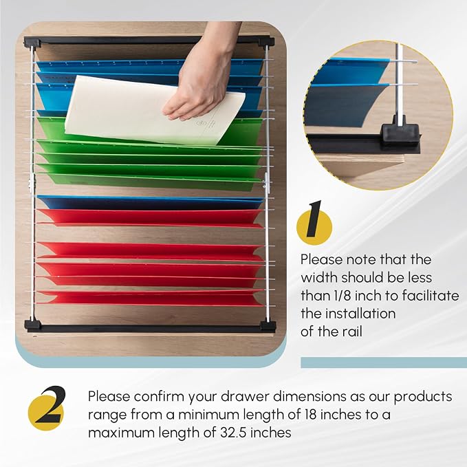24 Pcs Metal Adjustable File Cabinet Rails Set Include 16 Hanging File Rail Clips 8 Cabinet Dividers Bars Suitable for Cabinets with Drawer Thickness Less Than 1/8 Inch(Silver,18-32.5 Inch)