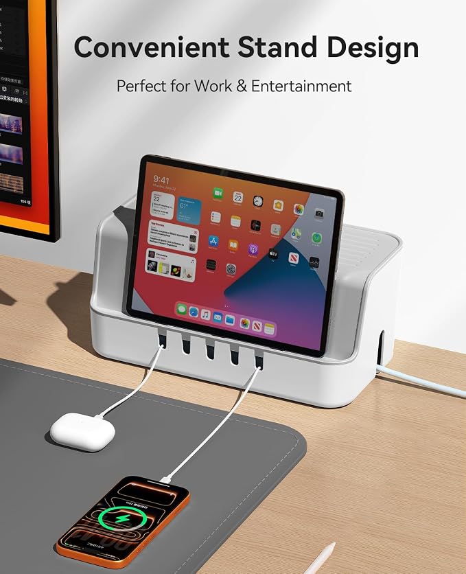 ORICO Cable Management Box with Phone Stand Lid, Large Cord Organizer Case for Hiding Power Strips & Surge Protectors, Heat Dissipation Desktop Wire Hider for Home, Office, School - PB02