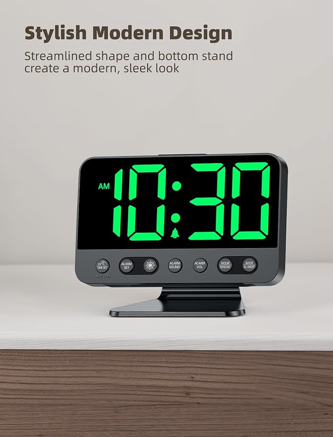 Odokee Digital Alarm Clocks for Bedrooms with Large Bold Number | Electric Desk Clock with Night Light & Brightness Dimmer - Loud Alarm for Heavy Sleepers with Adjustable Volume - Green
