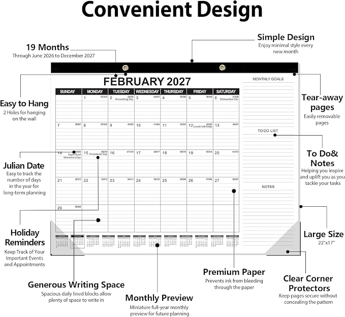 GuassLee Large Desk Calendar 2026,22" x 17" Desktop Wall Calendar 19 Months Planner Runs from Jun. 2026 to Dec. 2027 with Julian Date To-do & Notes Monthly Goals for School Home Office