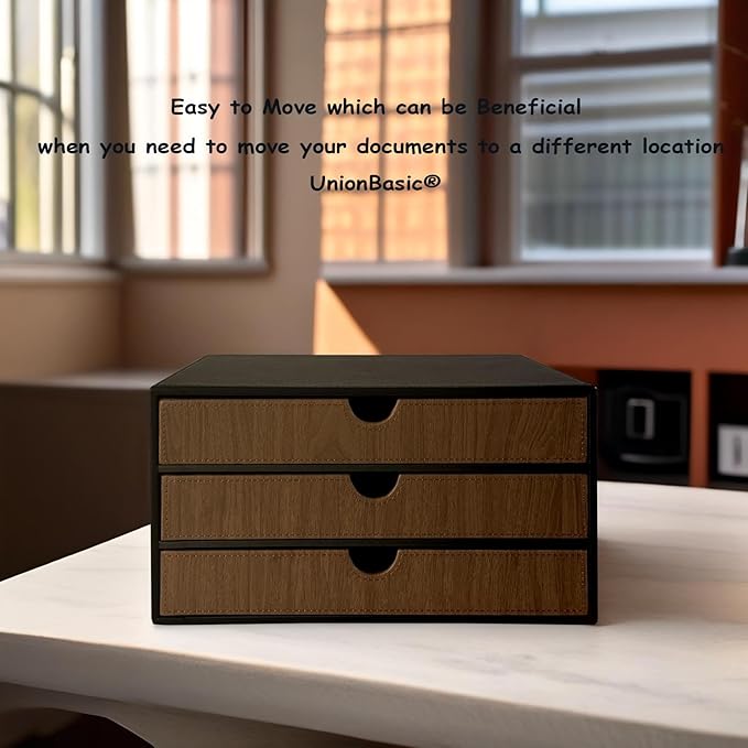 UnionBasic Document Organizer, 3-Drawer File Cabinet Document Storage Box, Office Desktop Filing Organizer, Black with Wood Grain Drawers
