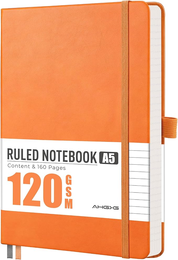 AHGXG Lined Journal Notebook, 160 Numbered Pages, A5 Medium Size (5.7'' x 8.3''), 120 GSM Thick Paper, for Men & Women, Journaling, Writing, Work & Office, Leather Hardcove (Orange)