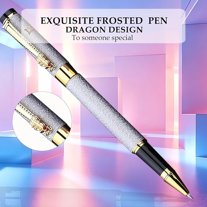 Fancy Pens for Women, Nice Rollerball Pens with Dragon Design, Elegant Gift Pen, Office & Signature Writing Pen, Refillable Black Ink Business Pen (White)