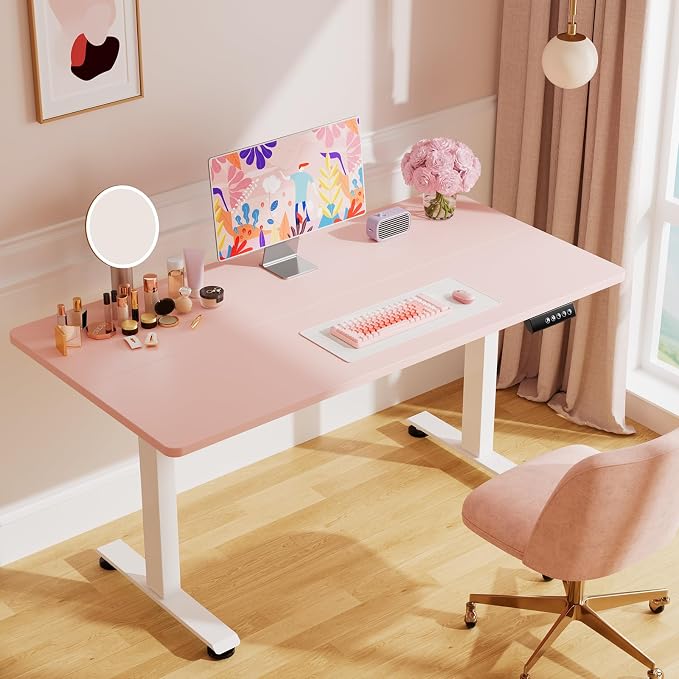 Veken 55 Inch Large Electric Standing Desk, Gaming Table, Pink | Height Adjustable Sit Stand Up Computer Tables for Home Office, Study , Writing, Suit students, employees and group work