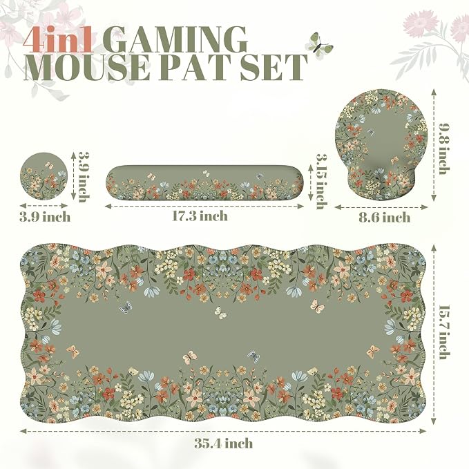 iCasso Desk Mat Set,Large Mouse Pad with Wrist Rest, Back to School Ergonomic Keyboard Wrist Support for Women, Floral Computer Mat with Scalloped Edges,Non-Slip Desk Pad Home Office Gaming (Green)