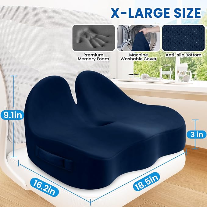 Seat Cushion, Chair Cushions, Memory Foam Office Chair Cushion | Hip & Sciatica & Tailbone Pain Relief, Long Sitting Comfort for Office Chairs/Desk Seats/Wheelchair (X-Large, Blue)