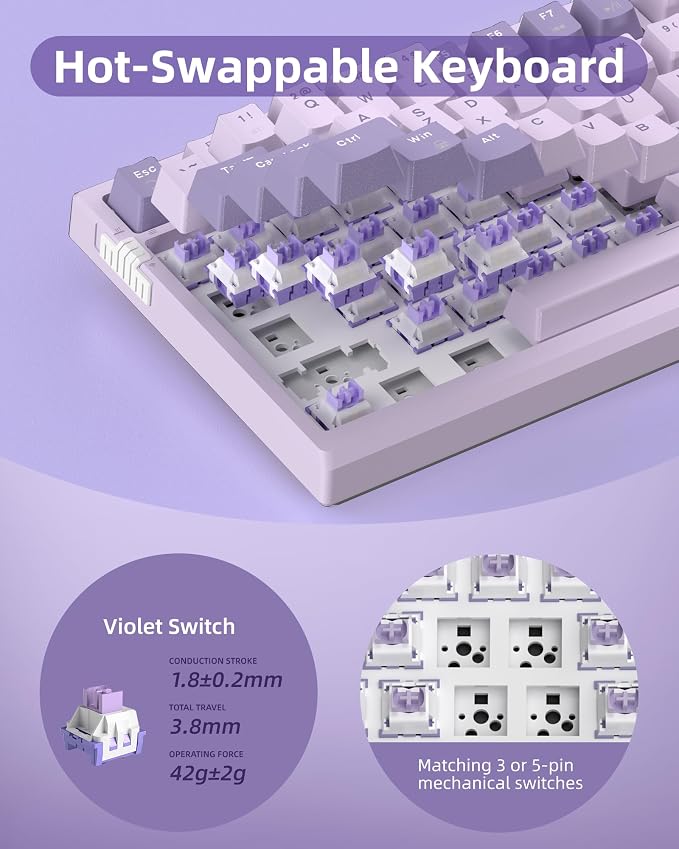 MageGee SKY81 75% Wireless Gasket Mechanical Gaming Keyboard, Hot Swappable RGB Custom Creamy Keyboard w/ 5-Layer Padding, BT/2.4G/USB-C, Knob Control, NKRO for Win/Mac (Dreamy Sky, Violet Switch)