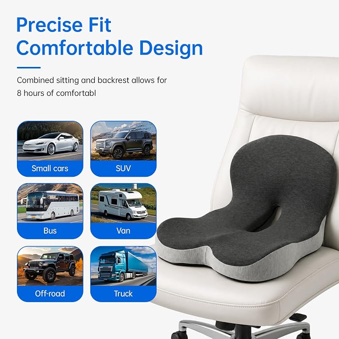 Memory Foam Seat Cushion with Lumbar Back Support, L-Shaped Ergonomic Chair Cushion for Office Chair, Car, Wheelchair, Gaming Seat, Non-Slip Washable Cover, Coccyx Support Pillow