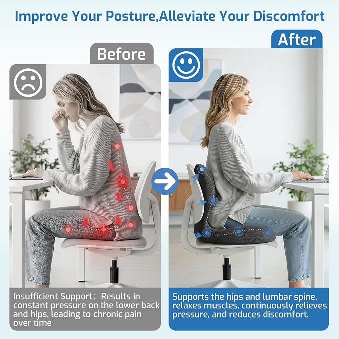 Seat Cushion, Office Chair Cushion with Lumbar Support Pillow, Memory Foam Car Cushions, for Long Sitting, Tailbone & Back Pressure Relief,Sciatica Pad for Office, Car, Home Chairs