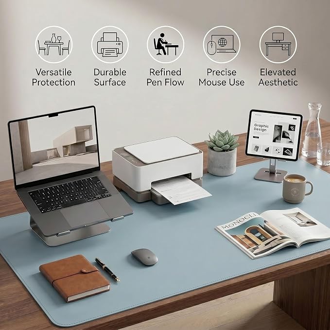 Large Desk Pad Non-Slip Desk Mat Protector for Keyboard Mouse Waterproof Vegan Leather Surface Faux Leather Laptop Mat Smooth Mouse Pad Premium Gift Tube Morning Fog Blue 39" x 17"