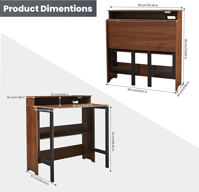 Fold Out Desk with Power Outlets, Small Foldable Table with Storage Shelf,Space-Saving Hidden Desk for Bedroom, Living Room & Office (Walnut)