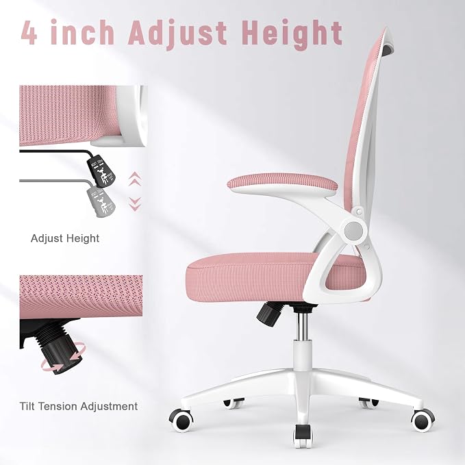 naspaluro Home Office Desk Chair Mid Back with Adjustable Height Pink | Comfy Ergonomic Chair with Flip-Up Arm and Lumbar Support, Breathable Mesh Swivel Computer Chair for Study Working Teacher
