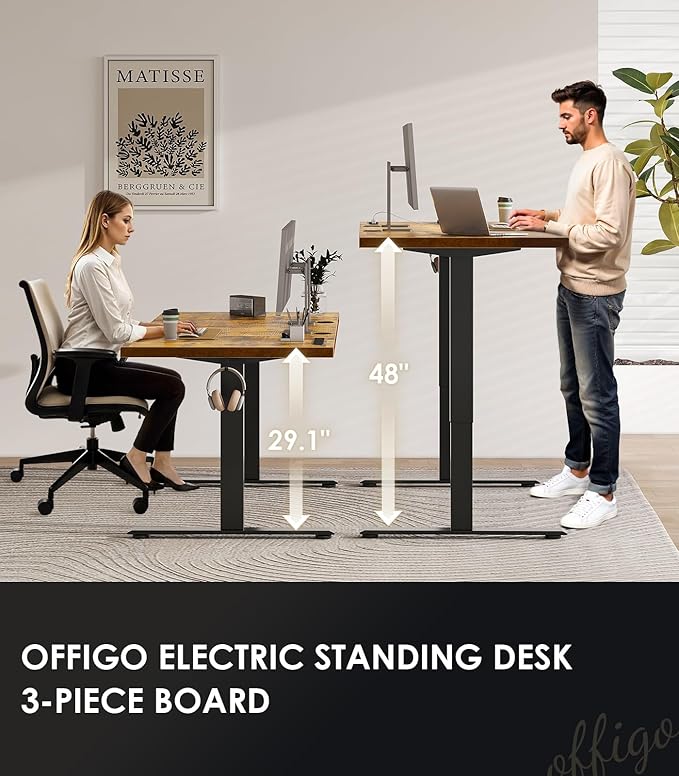 OffiGo 79" Executive Electric Standing Desk Height Adjustable, Rustic Brown | 1.38" Thick 3-Panel Desktop, Power Outlets, 3 Memory Presets, Dual-Beam Frame for Home Office, Workstation, Conference Room