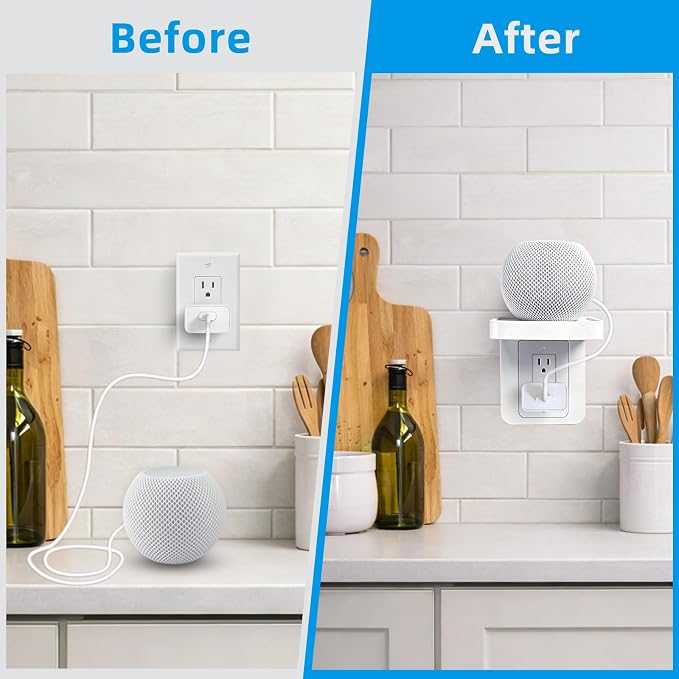 Outlet Shelf Wall Holder with Cord Storage, Decorator Receptacle Plug Shelf for Wall Outlet, Cable Organizer for Bathroom, Kitchen,Bedroom, HomePod Mini/Toothbrush/Google Home/Phone(Decora)