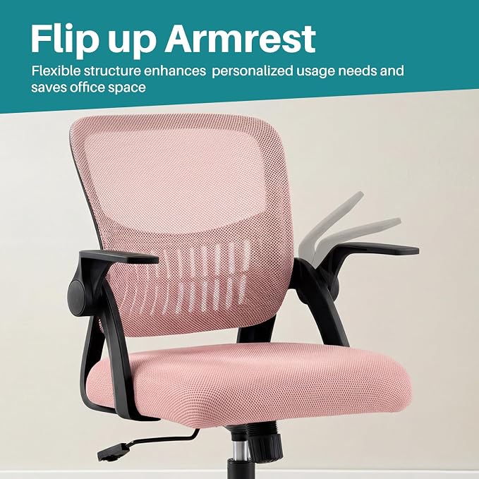 OLIXIS Ergonomic Office Desk Chair, Executive Mid-Back Computer Chair with Comfortable Lumbar Support & Rocking Mode, Height Adjustable with Flip-up Armrest, 360° Swivel, for Adults, Pink